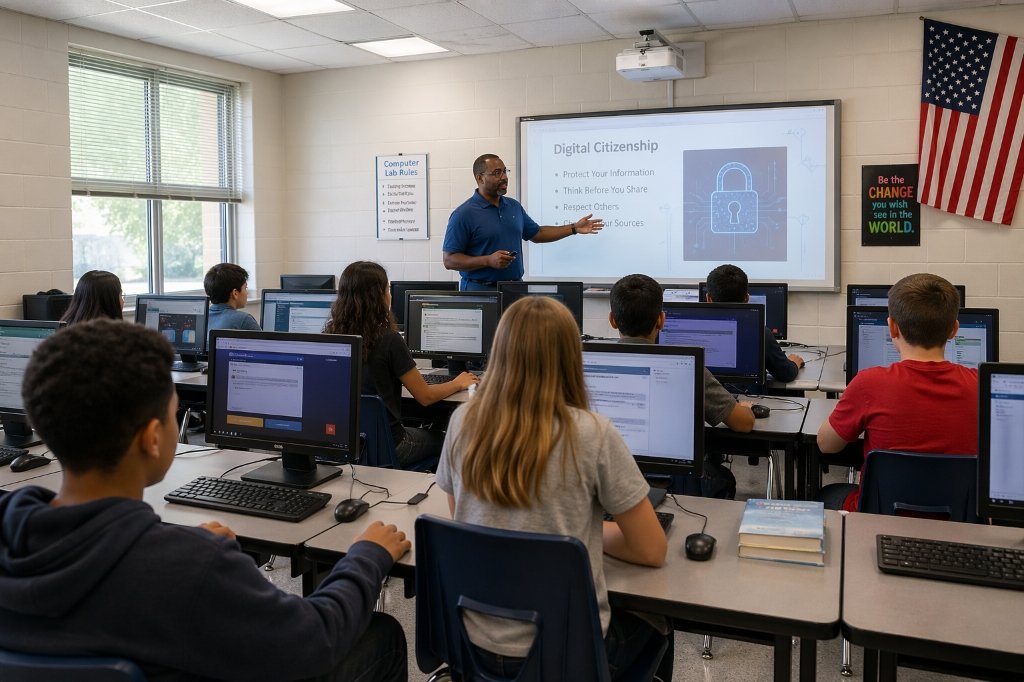 Teacher explaining digital citizenship on a smartboard