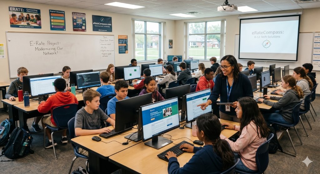 Students and teacher working on E-Rate connected computers